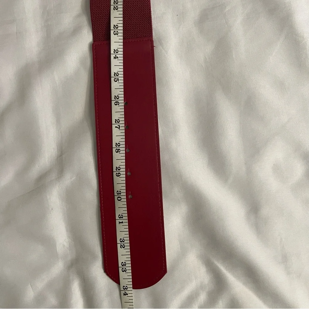 Burgundy PU leather circle buckle w/ rhinestones details elastic waistband belt - Picture 6 of 8